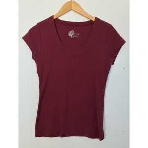 Pilcro Anthropologie Womens Large Burgundy Ribbed Scoop Neck Fitted Tee